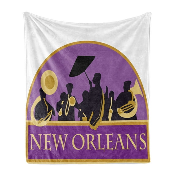 New Orleans Soft Flannel Fleece Throw Blanket, French Quarter Band with Jazz Trumpet Saxophone and Brass, Cozy Plush for Indoor and Outdoor Use, 60" x 80", Earth Yellow Blue Violet, by Ambesonne