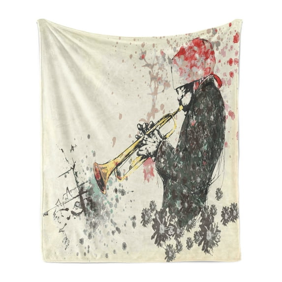 New Orleans Soft Flannel Fleece Throw Blanket, Trumpeter Man with Hand Drawn Flowers and Color Splashes, Cozy Plush for Indoor and Outdoor Use, 60" x 80", Dark Green Vermilion, by Ambesonne