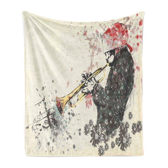 New Orleans Soft Flannel Fleece Throw Blanket, Trumpeter Man with Hand Drawn Flowers and Color Splashes, Cozy Plush for Indoor and Outdoor Use, 70" x 90", Dark Green Vermilion, by Ambesonne
