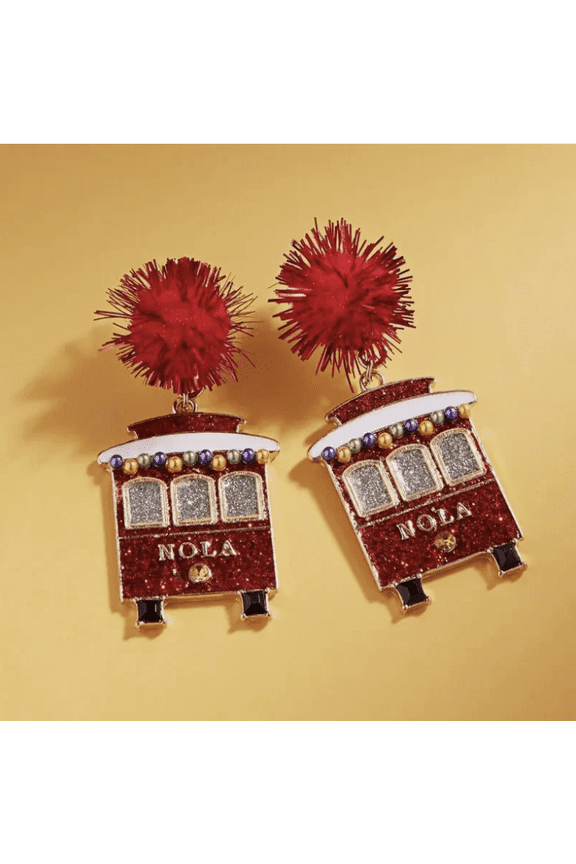 New Orleans Street Car Earrings, Red Canal Street Trolley Mardi Grass Pompom Enamel Post Earrings Parade