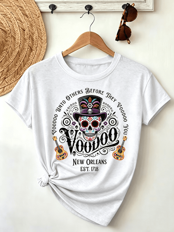 New Orleans Voodoo Sugar Skull Graphic T-Shirt, Retro Day of the Dead Casual Short Sleeve Tee for Women