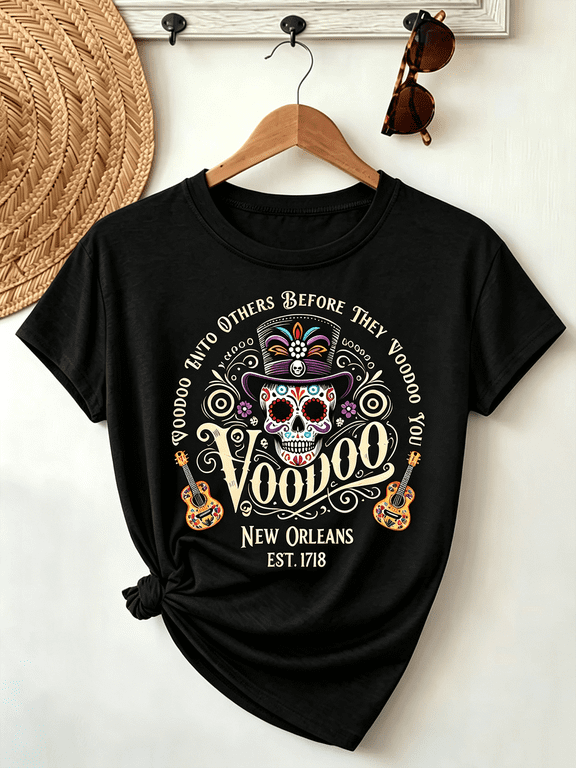 New Orleans Voodoo Sugar Skull Graphic T-Shirt, Retro Day of the Dead Casual Short Sleeve Tee for Women