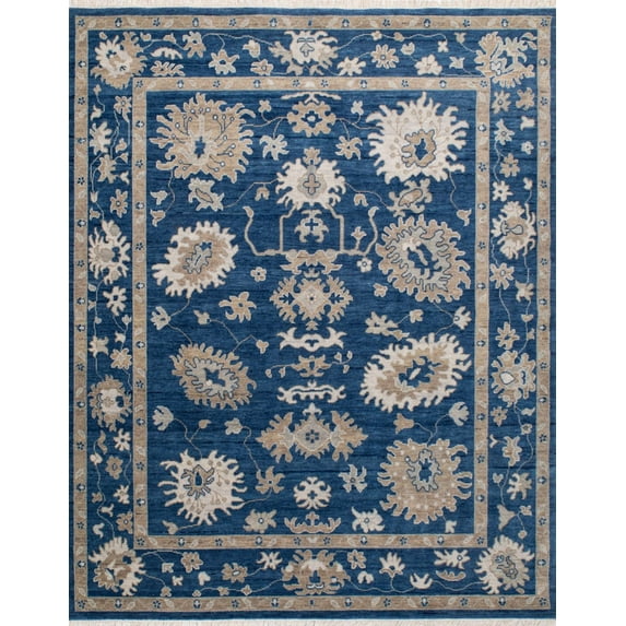 New Oushak Handmade Blue and Taupe Woolen Area Rug