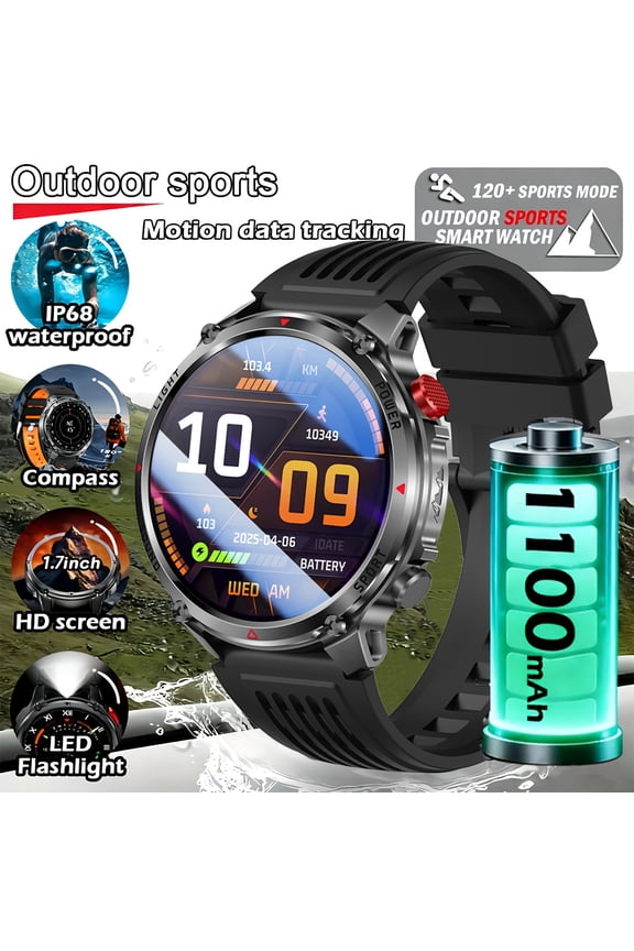 New Outdoor Men's Smartwatch, 1.7-inch HD Screen, Wireless Calling, 1100mAh Long Battery, LED Flashlight, Multiple Watch Faces, 120+ Sports Modes, Voice Assistant