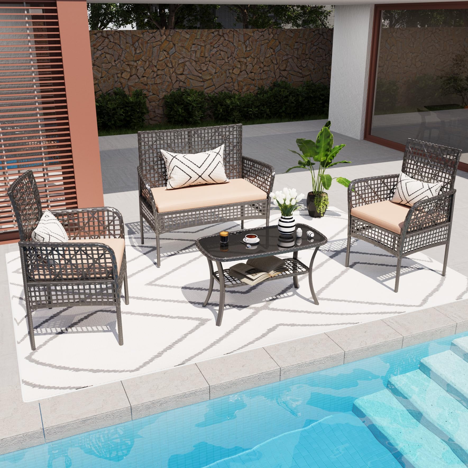 New Outdoor Patio Furniture Set 4pcs, Seizeen All-Weather PE Rattan Conversation Set w/2-Tier table, Loveseat Cushioned Outdoor Furniture Sofa for Yard, Porch, Garden, Deck, Green Cushions