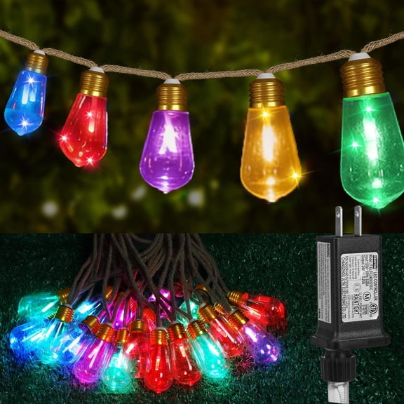 (New) Outdoor String Lights, LED Patio Lights, 24FT String Lights for Outside, Single Flash Mode Waterproof UL Plug-in Rustic Style Hemp Rope Lights for Garden, Yard, Party, Christmas Decor - Rainbow