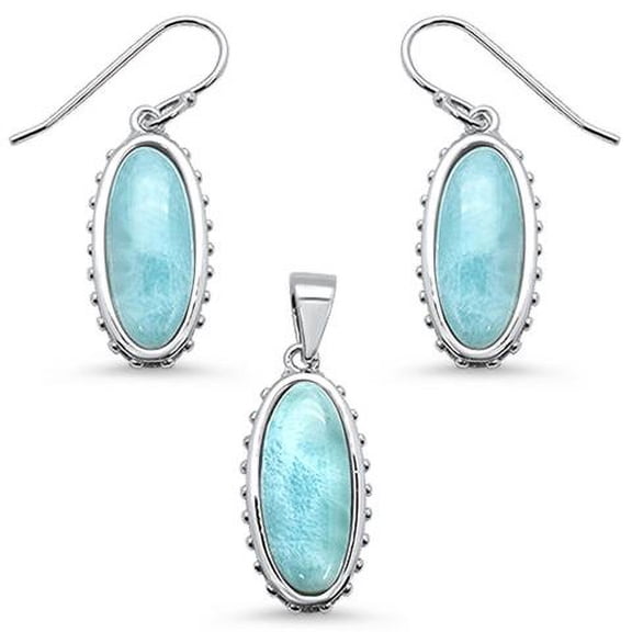 New Oval Natural Larimar .925 Sterling Silver Pendant & Earring Set