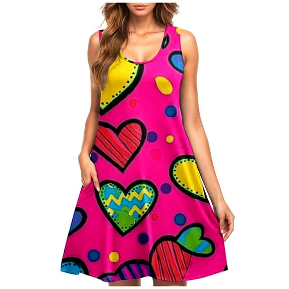 New Oversized Casual Dresses for Women Valentine'S Day Ladies Casual Plus Size Sleeveless Round Neck Printed Short Dress Casual Summer Dresses for Women
