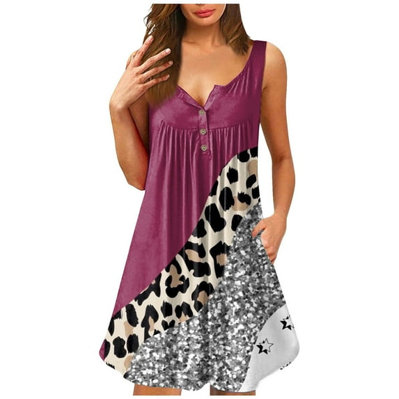 New Oversized Dresses for Women Plus Size Trendy Sleeveless V-Neck Mini Dress with Pocket Leopard Print Soft Comfort Midi Dresses for Women