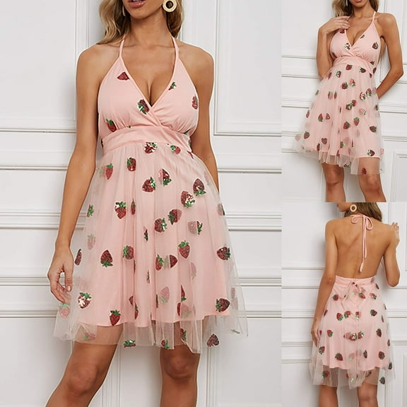 New Oversized Summer Dresses for Women 2025 Women Dress Strawberry Net Yarn Print V-Neck Sleeveless Maxi Short Dress Plus+Size+Dresses