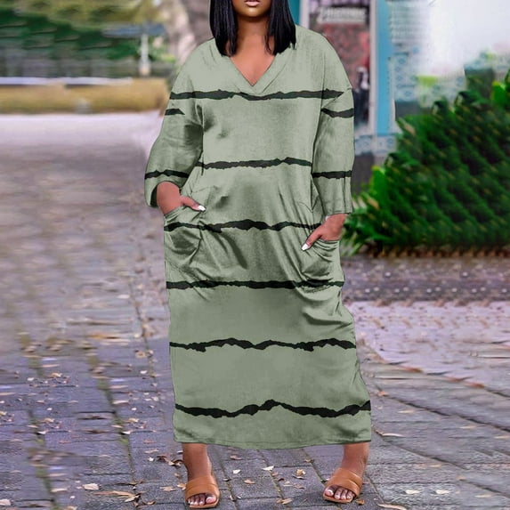 New Oversized Womens Summer Dresses Casual Short Sleeve V-Neck Mid-Length Dress with Pocket Striped Stretchable Spring Dresses for Women 2025