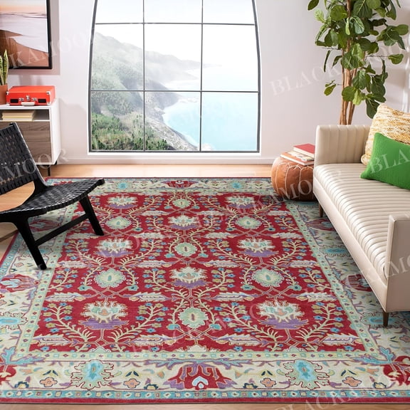 New PB 8' x 9' Area Rug – Frenklin Red, Handmade Floral Motif, Oriental Traditional Design, Non-Shedding Fine Wool, Easy-Care for Living Room & Bedroom