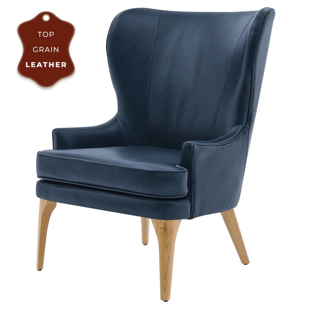 Garrett Blue Top-Grain Leather Wingback Accent Chair