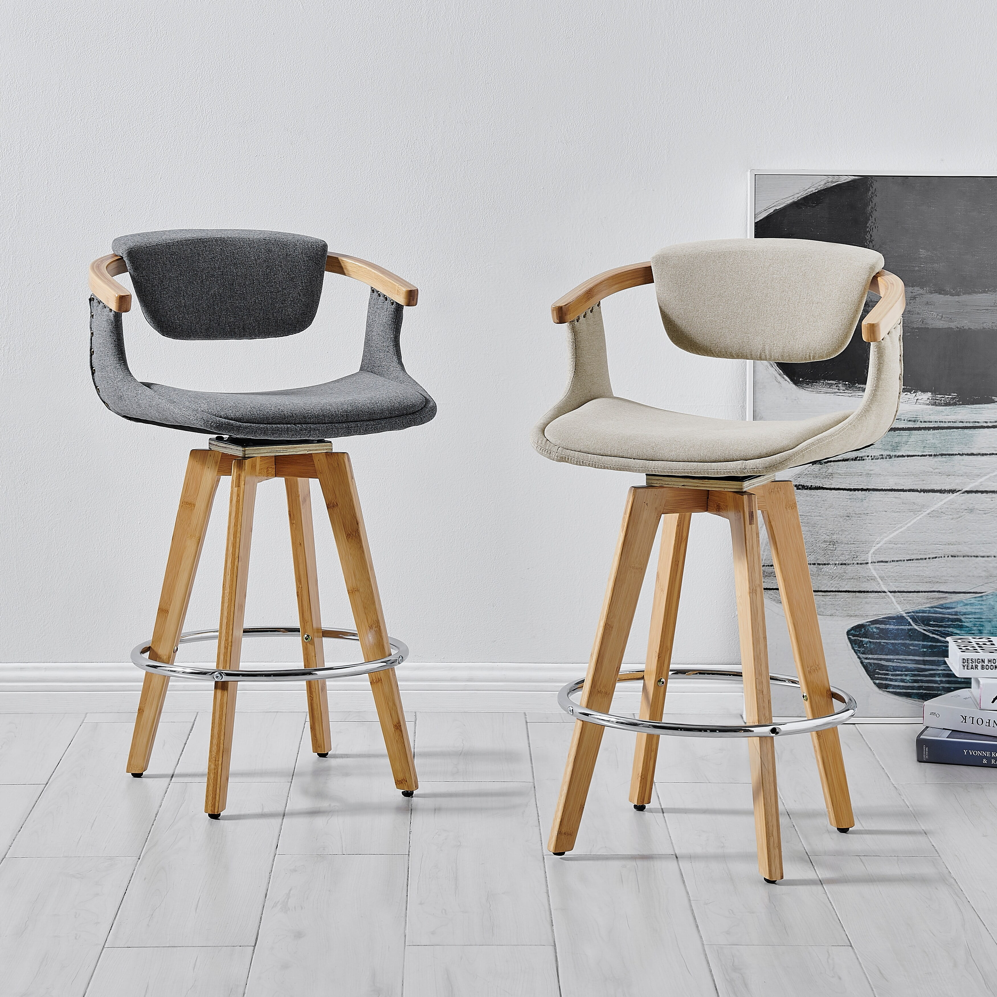 Darwin Beige Swivel Bamboo Counter Stool with Linen Upholstery