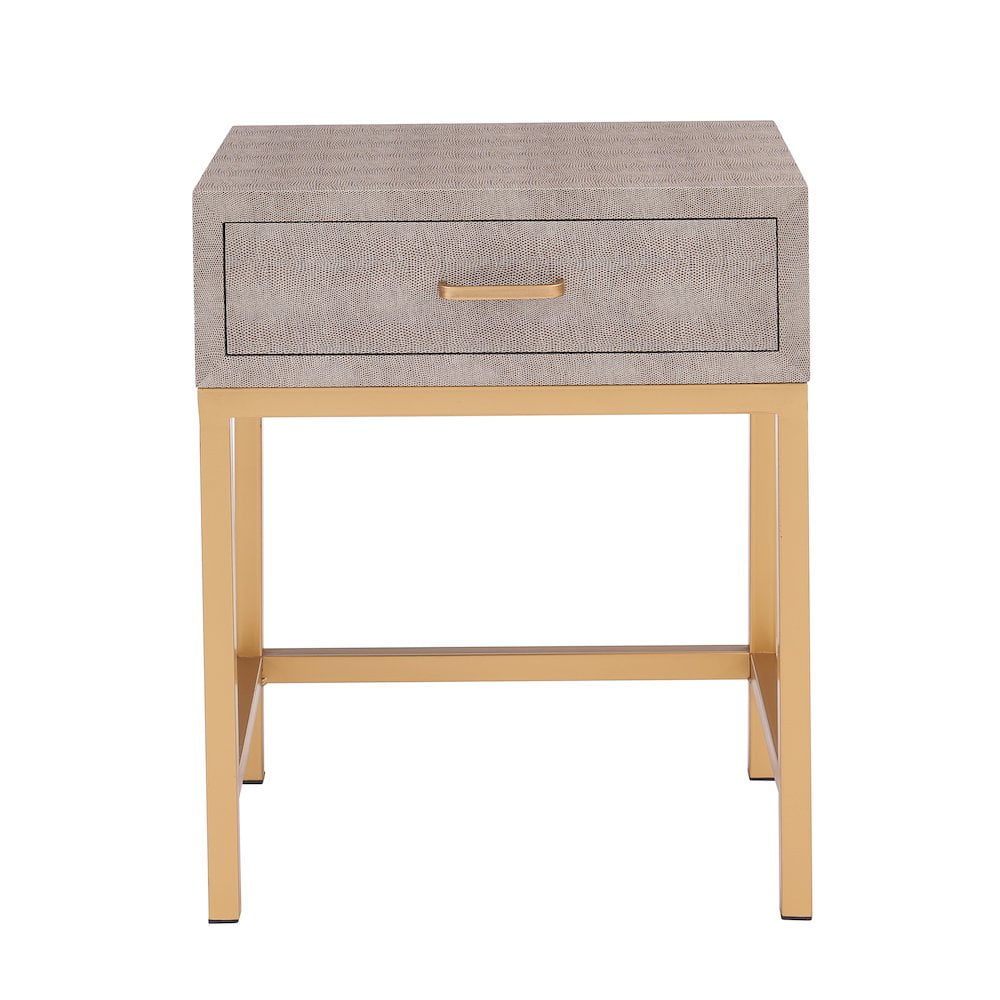 Chronicle Gray Round Faux Shagreen & Gold Metal End Table with Storage