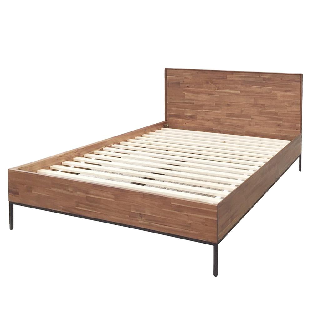 Hathaway Minimalist Queen Bed with Pine Headboard and Metal Frame
