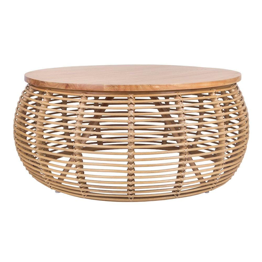 Honey Brown Round Rattan and Pine Coffee Table with Storage