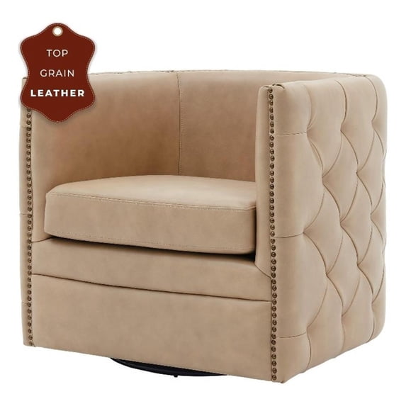 NPD Furniture Leslie 18" Top Grain Leather Swivel Tufted Chair in Beige
