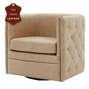 New Pacific Direct Leslie 18" Top Grain Leather Swivel Tufted Chair in Beige
