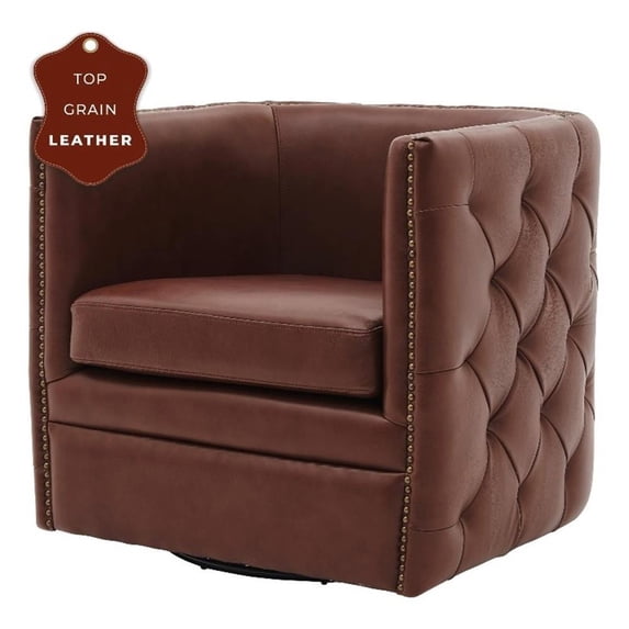 Leslie Top Grain Leather Swivel Tufted Chair