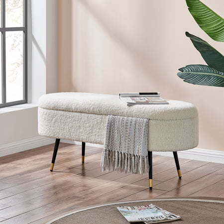 New Pacific Direct Phoebe Faux Shearling Fabric Storage Bench in Beige