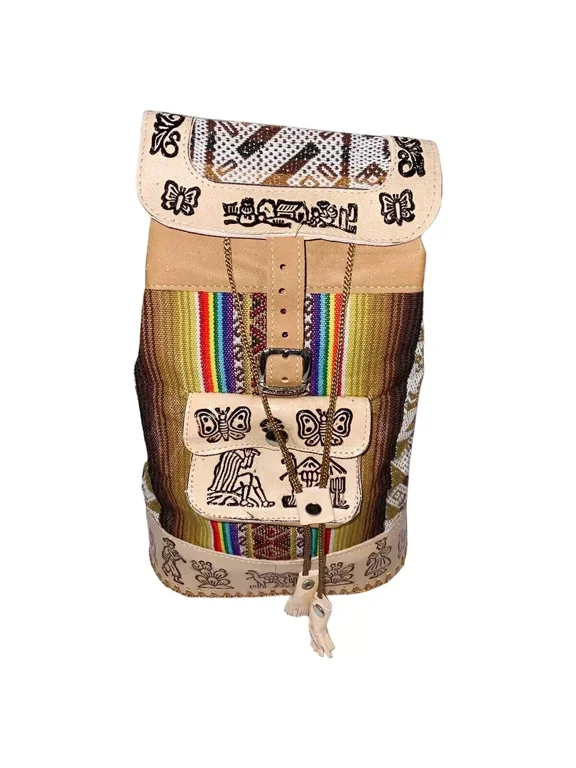 New Peru Cusco Women's Textile Fabric Embossed Leather Boho Backpack Bag