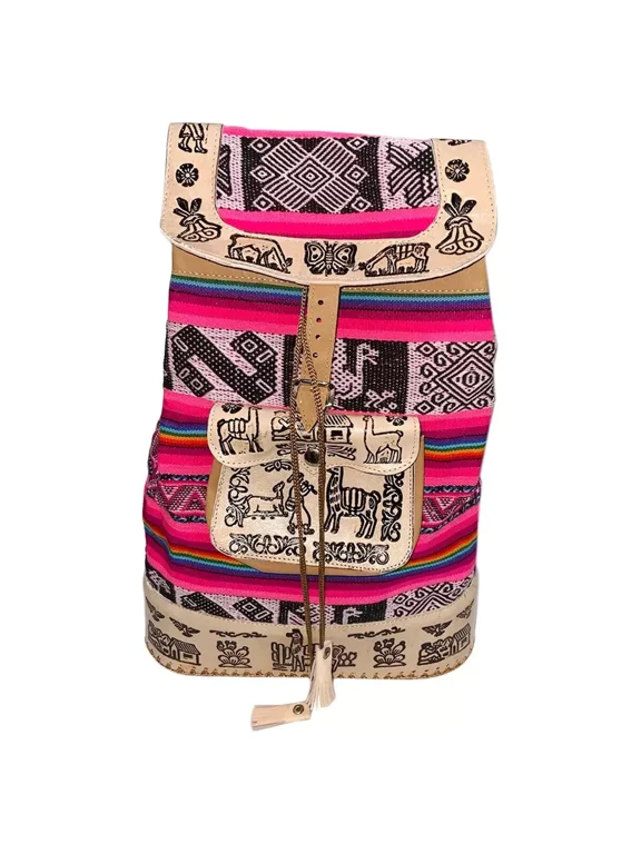 New Peru Cusco Women's Textile Fabric Embossed Leather Boho Backpack Bag