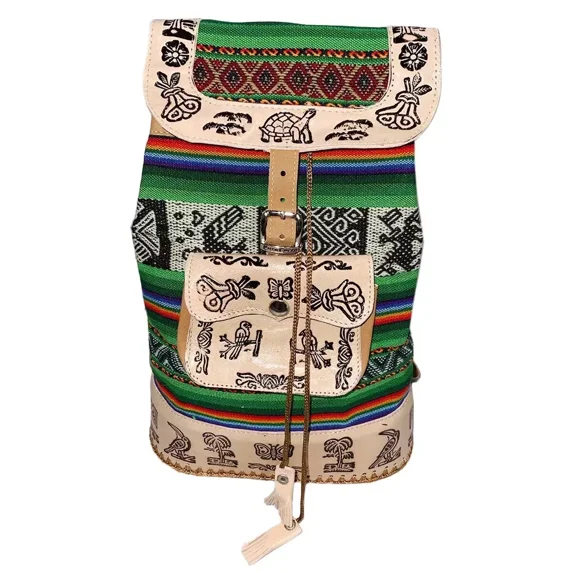 New Peru Cusco Women's Textile Fabric Embossed Leather Boho Backpack Bag