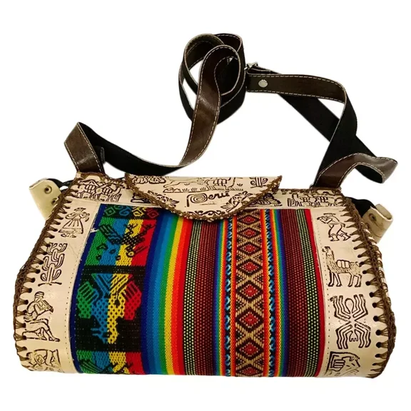 New Peru Cusco Women's Textile Fabric Embossed Leather Boho Purse Crossbody Bag