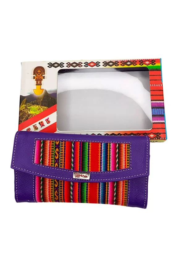New Peru Souvenir Women's Ethnic Textile Fabric Leather Boho Trifold Long Wallet