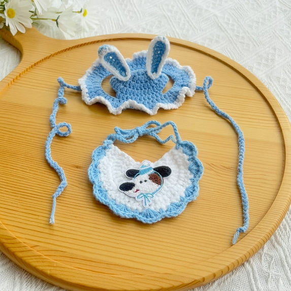 New Pet Birthday Outfit Hand Knitted Dog Party Costume Cat Celebration Bib Hat Set