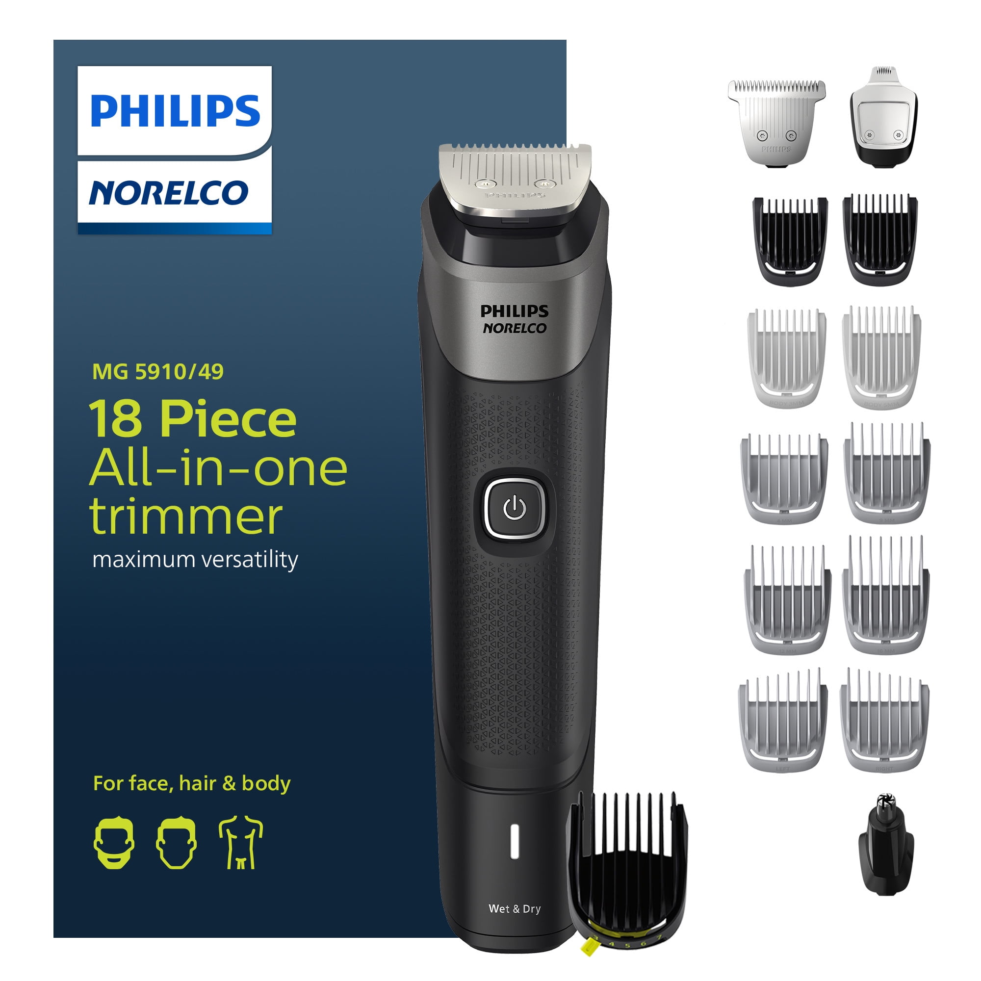 New Philips Norelco Multigroom Series 5000 18 Piece, Beard Face, Hair, Body  and Intimate Hair Trimmer For Men - No Blade Oil MG5910/49