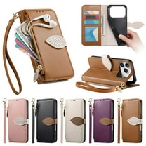 New Phone Case for Apple iPhone 17 Pro Max, Shockproof Leather Leaf Magnetic Buckle Zipper Card Slot Wallet Case Cover With Crossbody Wrist Strap,Brown