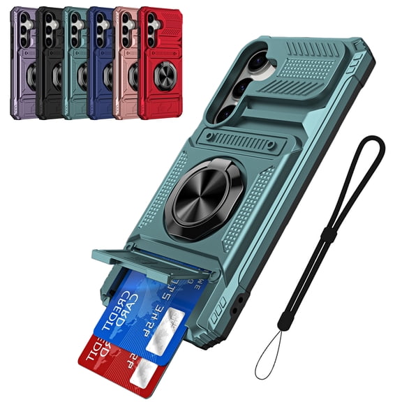 New Phone Case For Samsung Galaxy S25 FE,Rugged Shockproof Ring Holder Kickstand Card Slot Case With Strap, Green