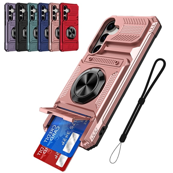 New Phone Case For Samsung Galaxy S25 FE,Rugged Shockproof Ring Holder Kickstand Card Slot Case With Strap, Rosegold