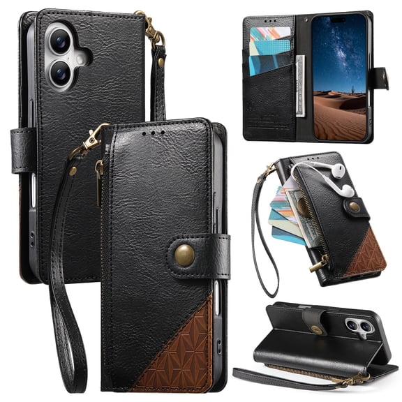 New Phone Case For iPhone 17,Premium Leather Shockproof Full Body Zipper Card Slots Wallet Cover With Lanyard for Women Men, Black