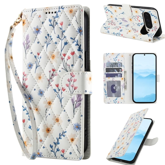 New Phone Case for Google Pixel 10 /10 Pro , Women Girl Slim PU Leather Flower Pattern Shockproof Full Body Flip Card Slots Wallet Phone Case With Strap, Flower