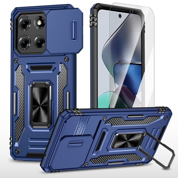 New Phone Case With Screen Protector For Moto G Power (2025), Heavy Duty Rugged Shockproof Ring Stand Full Body Protective Case Slide Camera Cover ,Navyblue