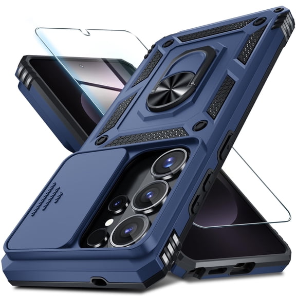 New Phone Case with Tampered Glass For Samsung Galaxy S26 Ultra,Heavy Duty Rugged Shockproof Magnetic Car Mount Holder Ring Kickstand Case with Sliding Lens Cover, Blue
