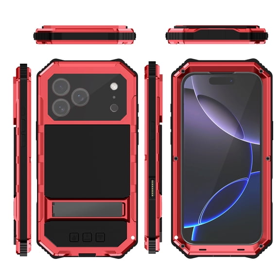 New Phone Case  for iPhone 17 Pro Max,Heavy Duty Rugged Aluminum Metal Stand Shockproof Case+Screen Protector+Full Camera Lens Protector,Red