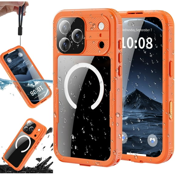 New Phone Case for iPhone 17 Pro Max,IP68 Waterproof 360 Full Body Protection Magnetic Case With Strap,Snowproof / Dustproof / Shockproof,Orange