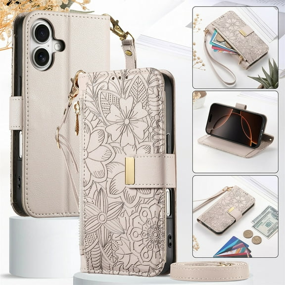 New Phone Case for iPhone 17,Flower Pattern Embossed Leather Zipper Card Slots Shockproof Flip Stand Crossbody Wallet Case Women Men Cover Strap , Beige