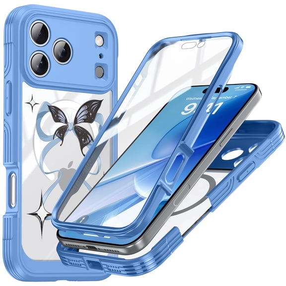 New Phone Case for iPhone 17 Pro Max with Built-in Screen Protector, Compatible with Mag Safe Accessories Full Body Protection Shockproof Bluebow Pattern Clear Back Magnetic Blue Cover ,Bluebow