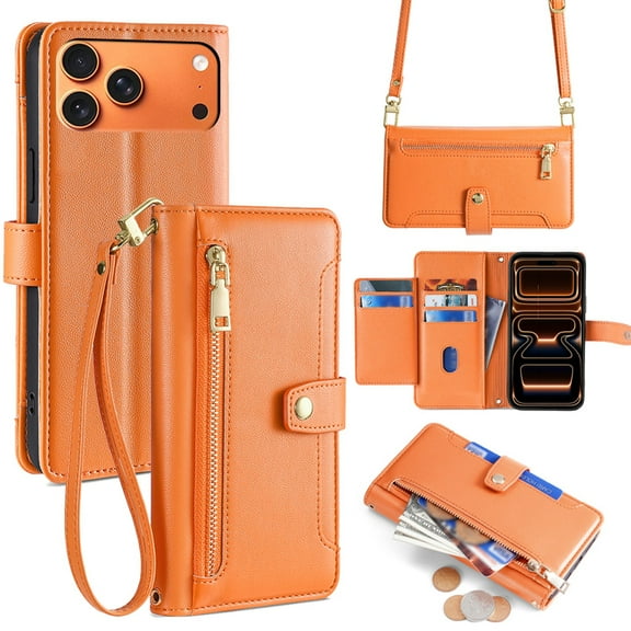New Phone Case For iPhone 17 Pro Max Zipper Wallet PU Leather Card Slots Kickstand Flip Case Shockproof Full Protective Cover with Adjustable Crossbody Lanyard Wrist Strap ,Orange
