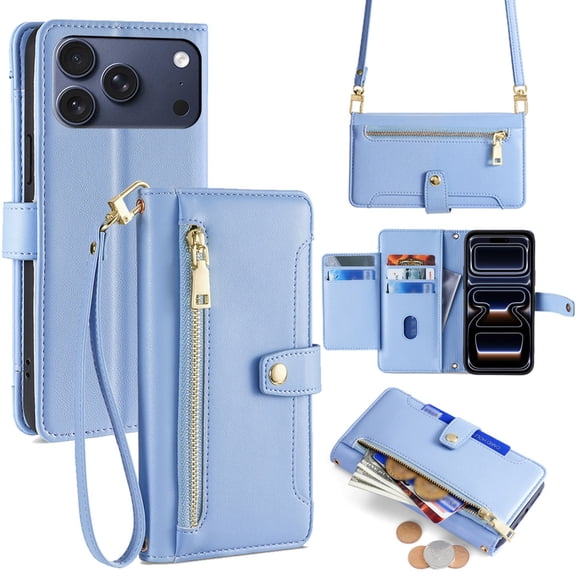New Phone Case For iPhone 17 Pro Max Zipper Wallet PU Leather Card Slots Kickstand Flip Case Shockproof Full Protective Cover with Adjustable Crossbody Lanyard Wrist Strap ,Blue