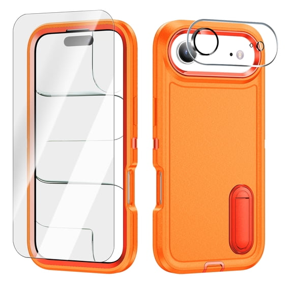 New Phone Case for iPhone Air, Shockproof Heavy Duty Hybrid 3-Layer Rugged Kickstand Hard PC+Silicone Phone Cover With Screen Protector+Camera Lens Film,Orange