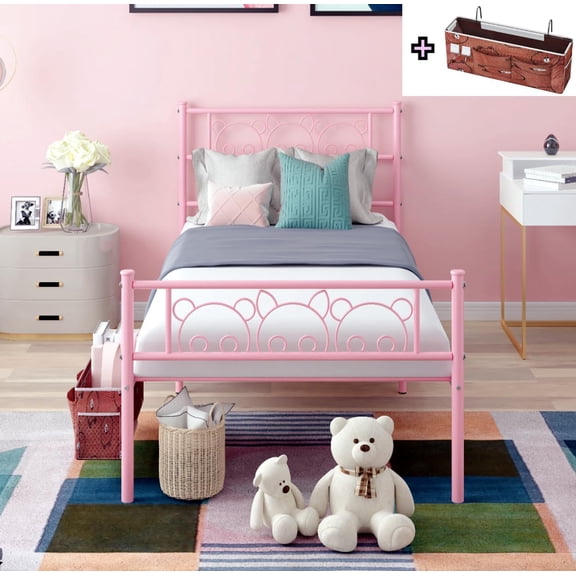 New Piggy Design Pink Bed Frames with Hanging Bedside Storage Caddy for Teen Girls Adults, Cute Twin Size Bed Frame, Metal Platform Twin Mattress Foundation Single Beds with Headboard