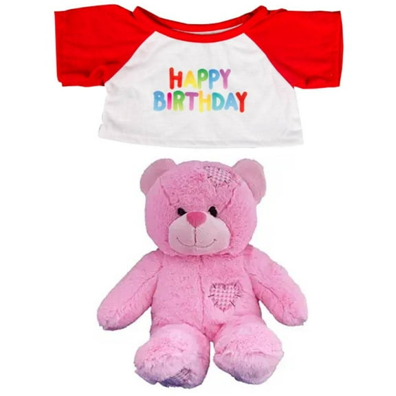 New Pink Patches Bear Plush Toy In Happy Birthday T-Shirt with Red Sleeves - 8 Inch Bear Stuffed Animal, Cute & Soft Cuddly Birthday Teddy Bear, Gift for Kids, Birthday Decor, Party Favor