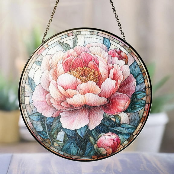 New Pink Peony Flower Stained Glass Panel, Floral Window Hanging Decoration, Botanical Suncatcher, Glass Art Room Decor, Elegant Glass Ornament