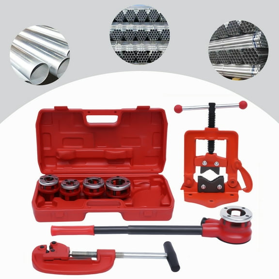 New Pipe Threader Ratchet Type W/5 Dies 1/2" to 2" Kit Ratchet Handheld Pipe Cutter, Plastic Pipe Threader Stock Dies Ratchet Handle Pluming Gas Tools BSPT